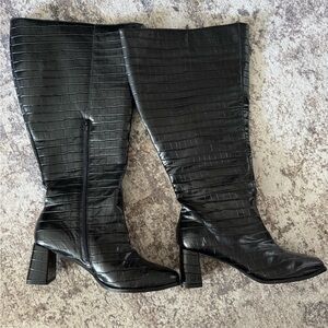 Never Worn Size 10W Wide Calf Black Croc-Embossed Knee-High Boots